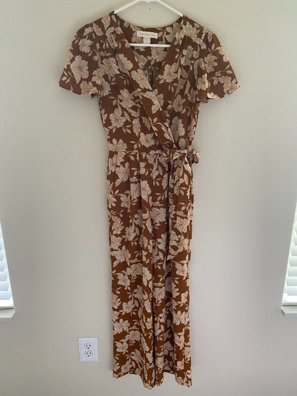 Monteau Los Angeles Floral Wrap Jumpsuit XS Brown Cream Wide Leg Boho